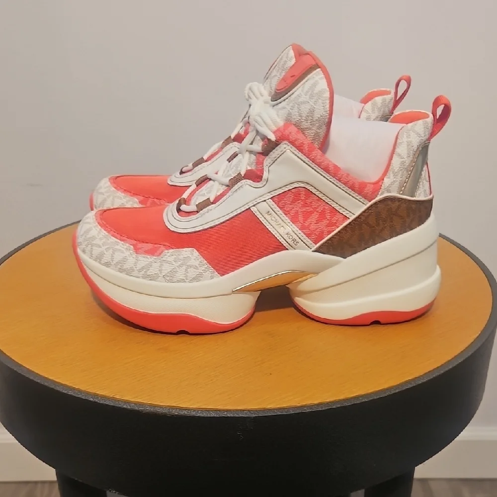 Michael Kors Women's Coral and White Sneakers - Picture 3 of 8